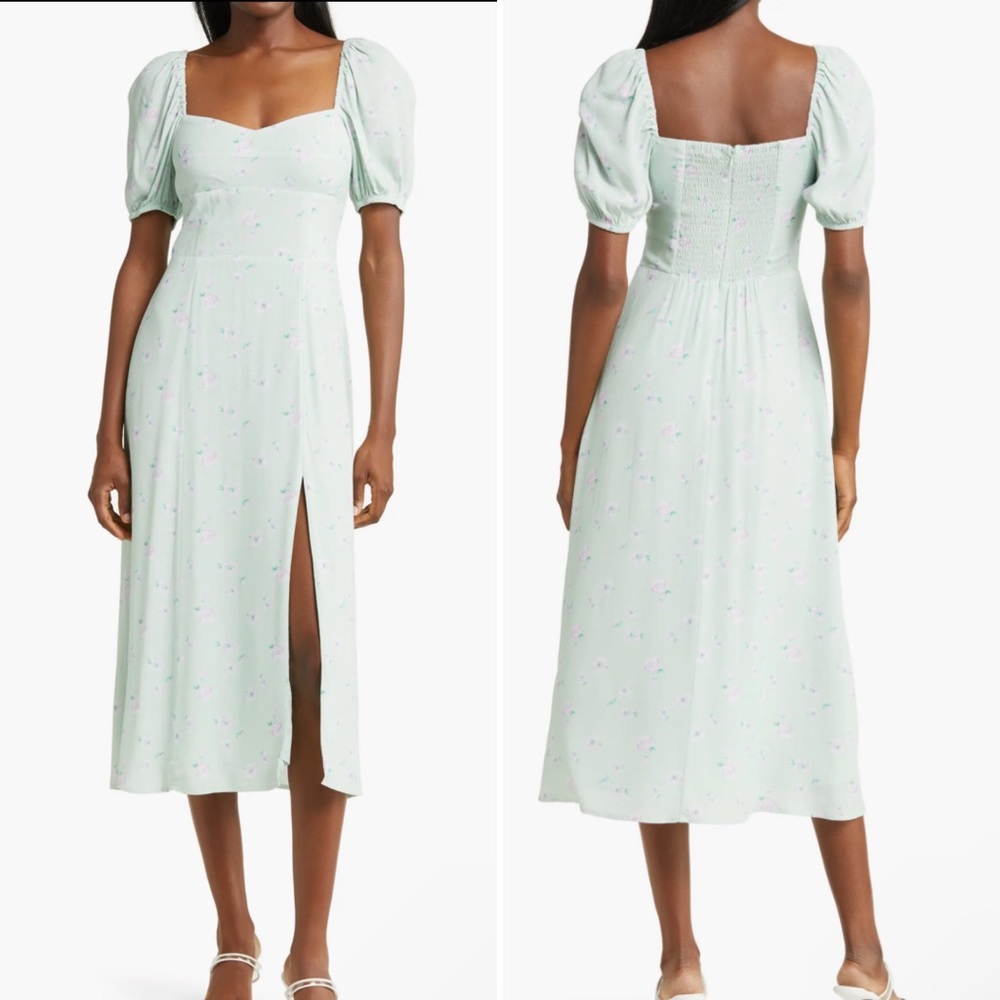 NWT Nordstrom Wayf Sage Ditsy Floral print puff sleeve MIDI Dress